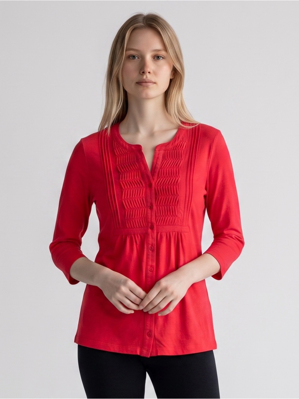Karen Scott Women’s Long-Sleeve Pintuck Button-Front Top Red Size-XS NWT